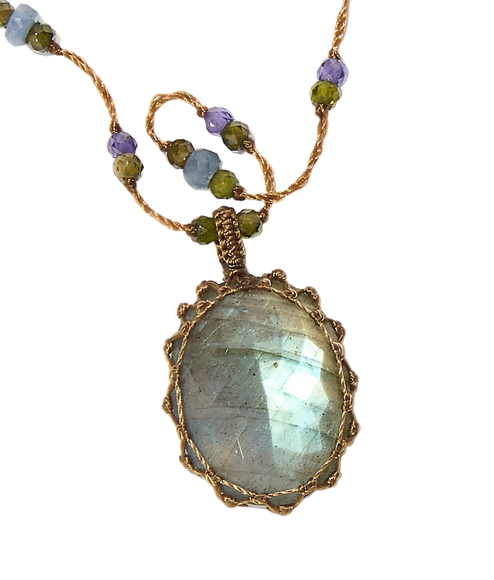 Halskette Court Tibétain - Labradorite Feu Bleu - Mix Saphir - Beige Faden