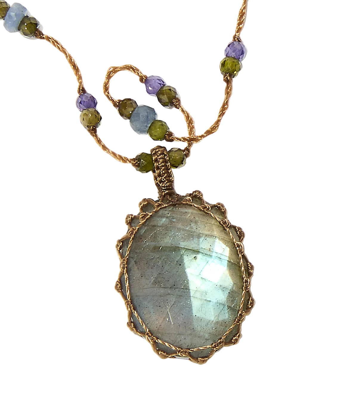 Halskette Court Tibétain - Labradorite Feu Bleu - Mix Saphir - Beige Faden