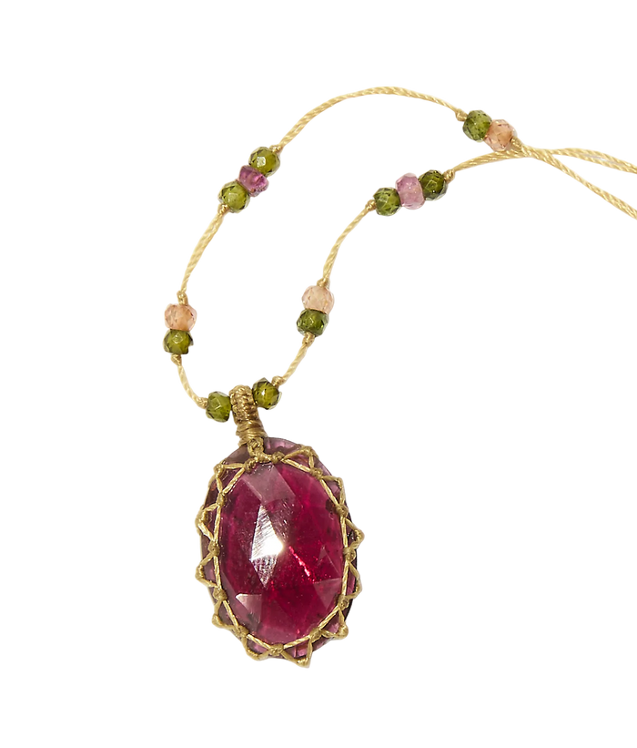 Collier Court Tibétain - Rhodolite - Mix Tourmaline - Fil Beige