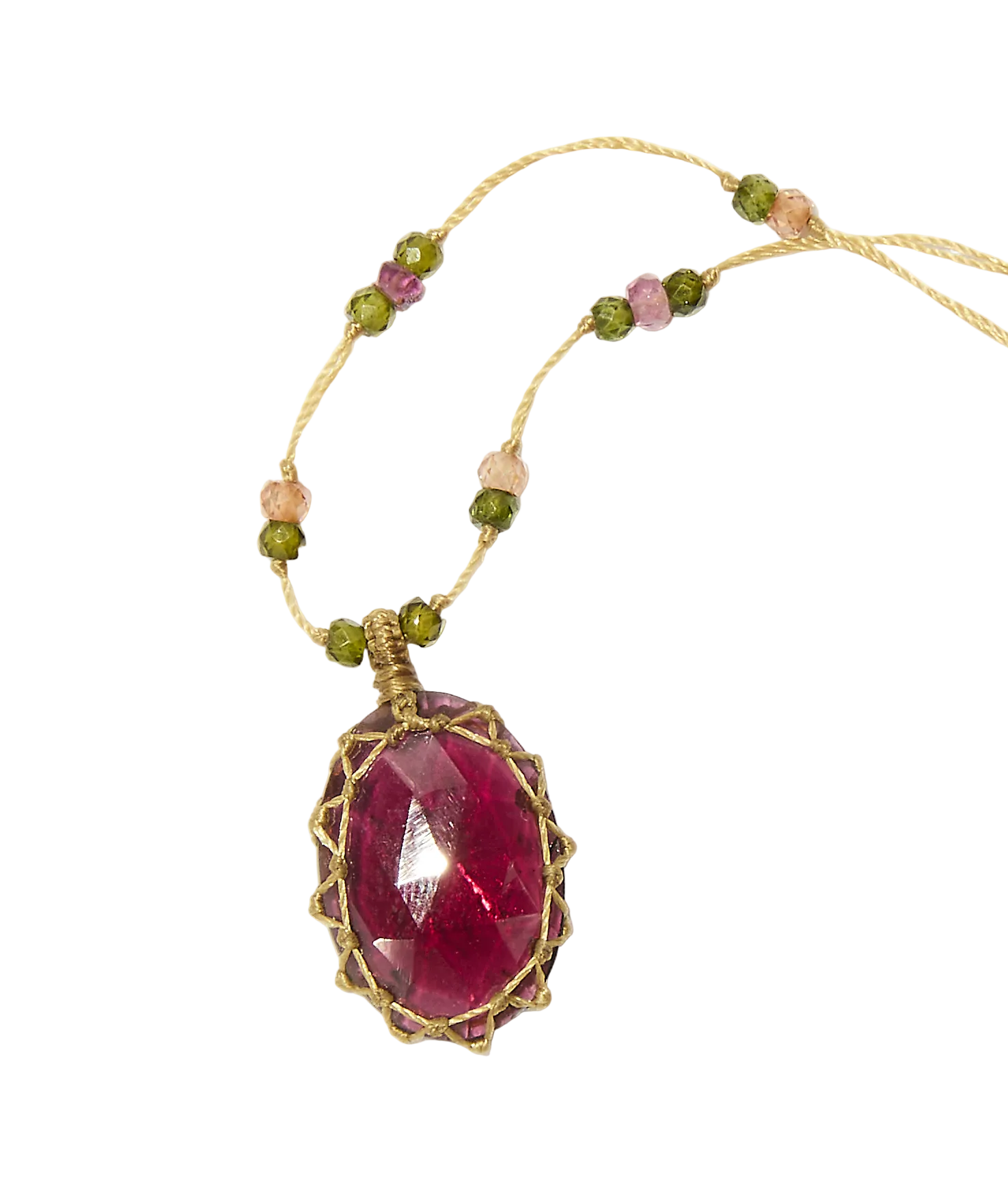 Collier Court Tibétain - Rhodolite - Mix Tourmaline - Fil Beige