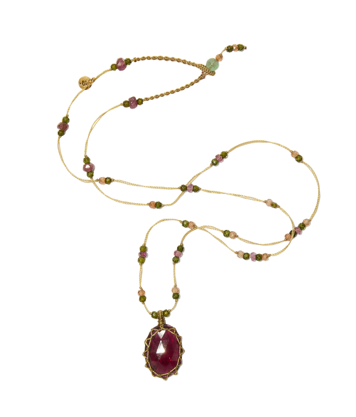 Collier Court Tibétain - Rhodolite - Mix Tourmaline - Fil Beige