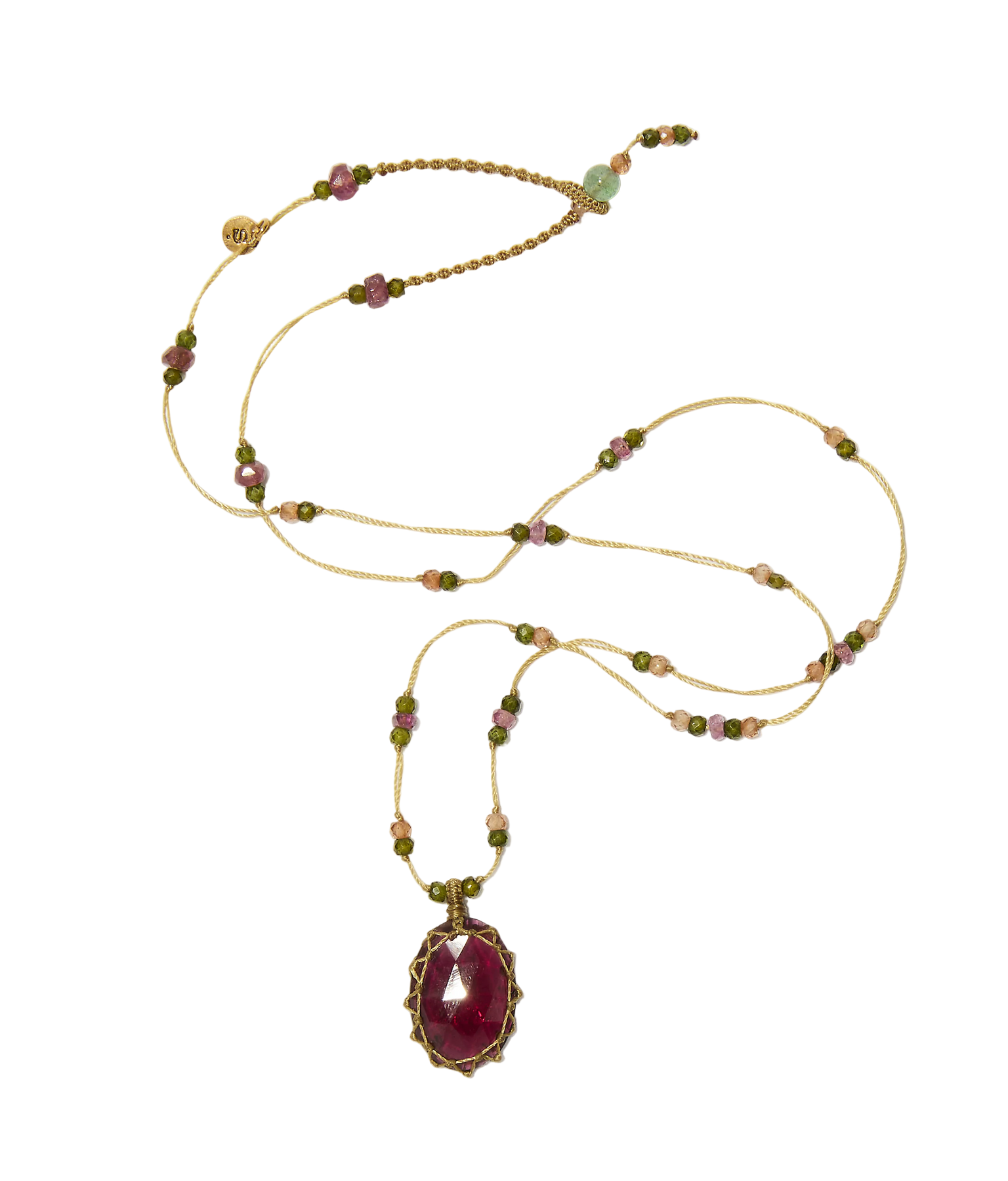 Collier Court Tibétain - Rhodolite - Mix Tourmaline - Fil Beige