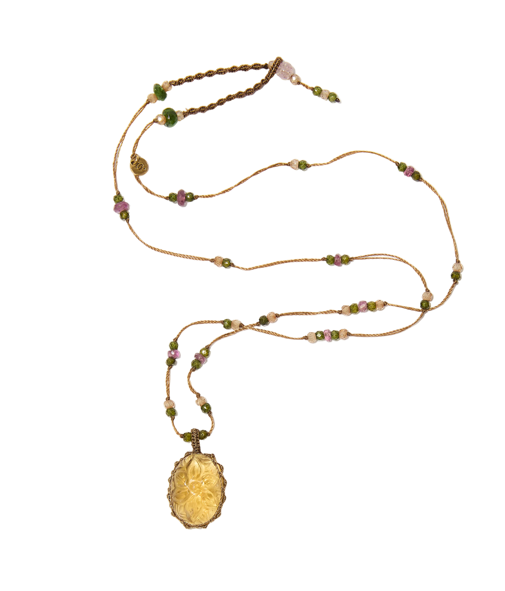 Collier court Tibétain - Citrine Gravée - Mix Tourmalines - Fil Beige