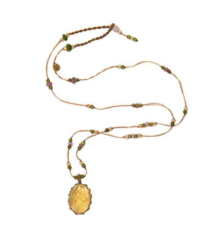 Collier court Tibétain - Citrine Gravée - Mix Tourmalines - Fil Beige
