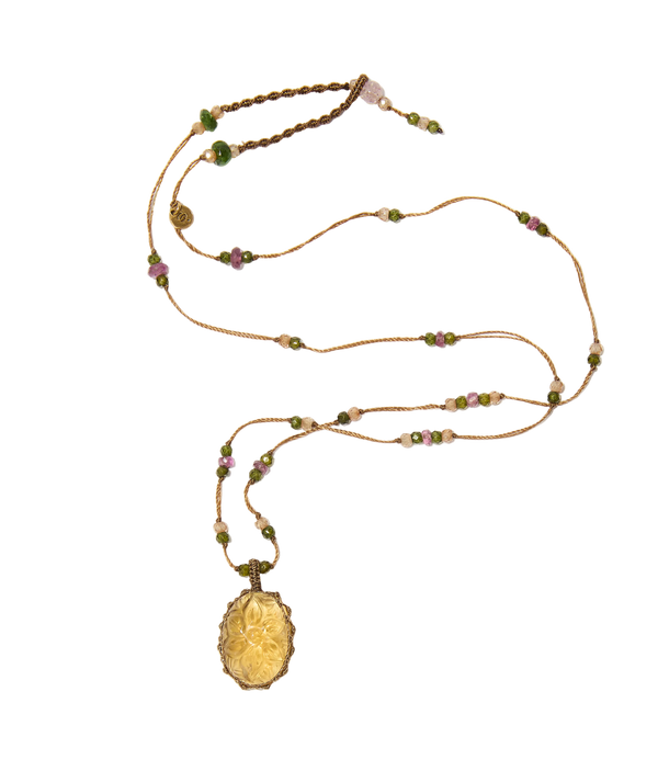 Collier court Tibétain - Citrine Gravée - Mix Tourmalines - Fil Beige