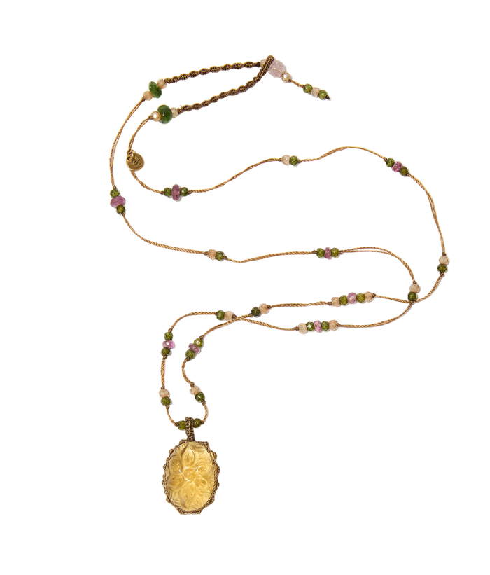 Collier court Tibétain - Citrine Gravée - Mix Tourmalines - Fil Beige