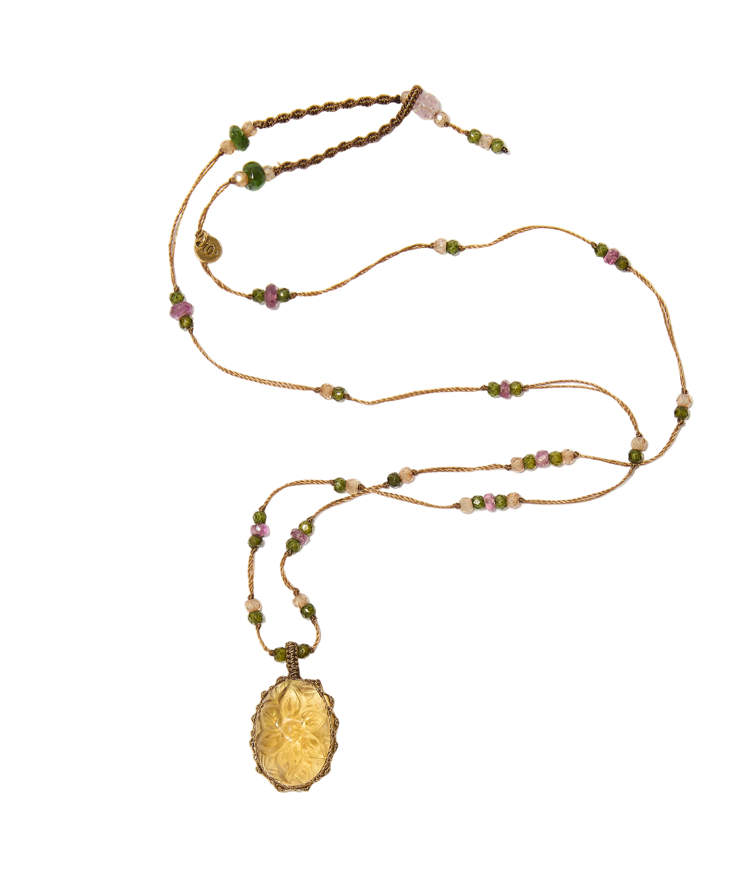 Collier court Tibétain - Citrine Gravée - Mix Tourmalines - Fil Beige