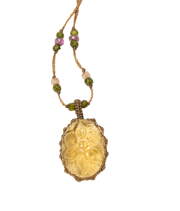 Collier court Tibétain - Citrine Gravée - Mix Tourmalines - Fil Beige
