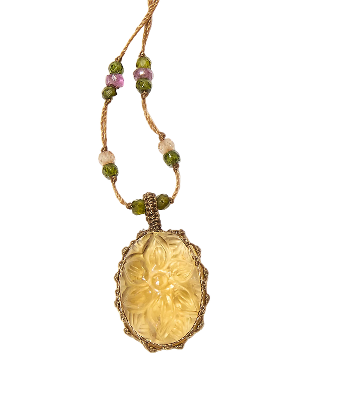 Collier court Tibétain - Citrine Gravée - Mix Tourmalines - Fil Beige