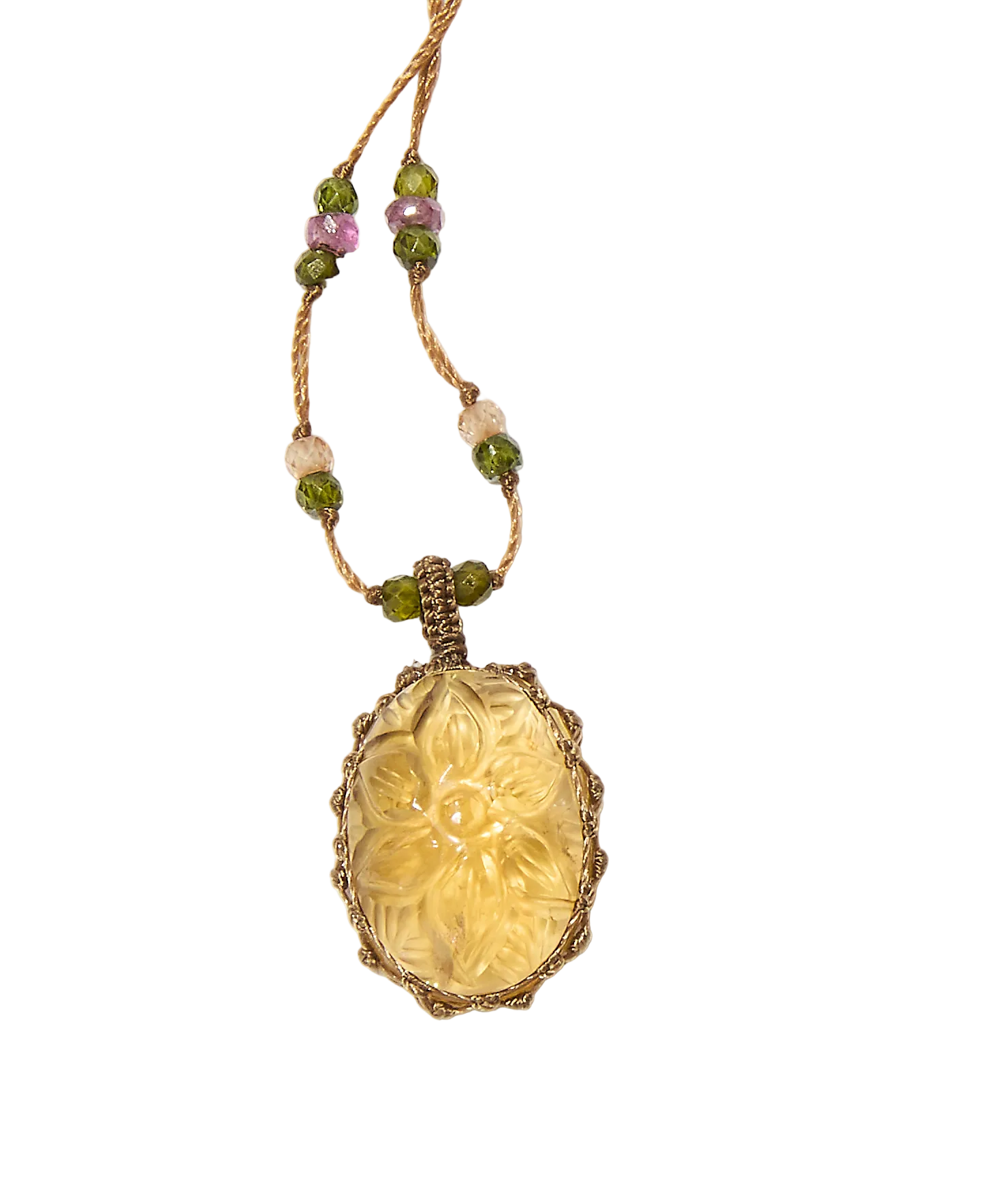 Collier court Tibétain - Citrine Gravée - Mix Tourmalines - Fil Beige
