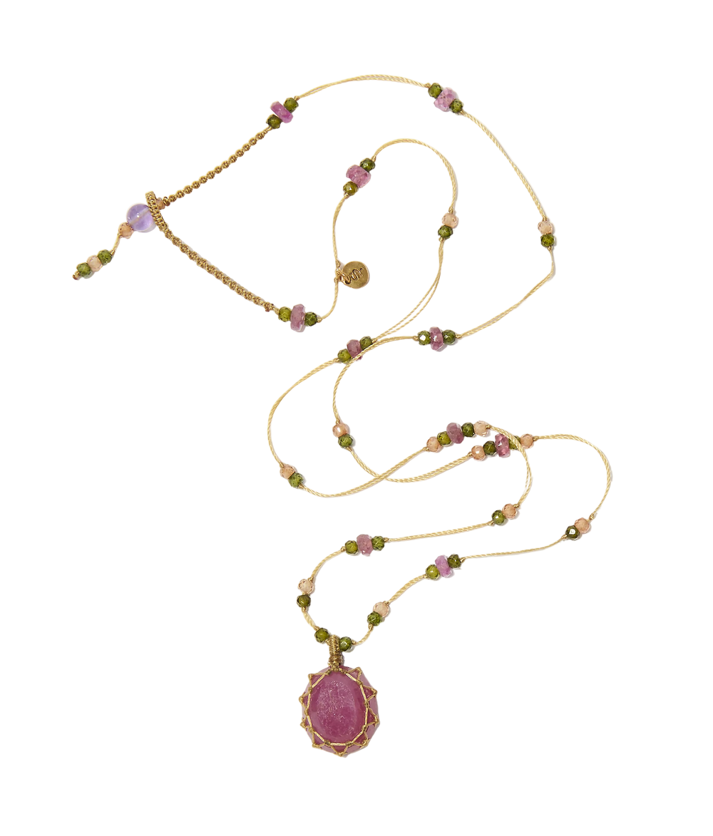 Collier Court Tibétain - Corundum Rouge - Mix Tourmaline Rose - Fil Beige