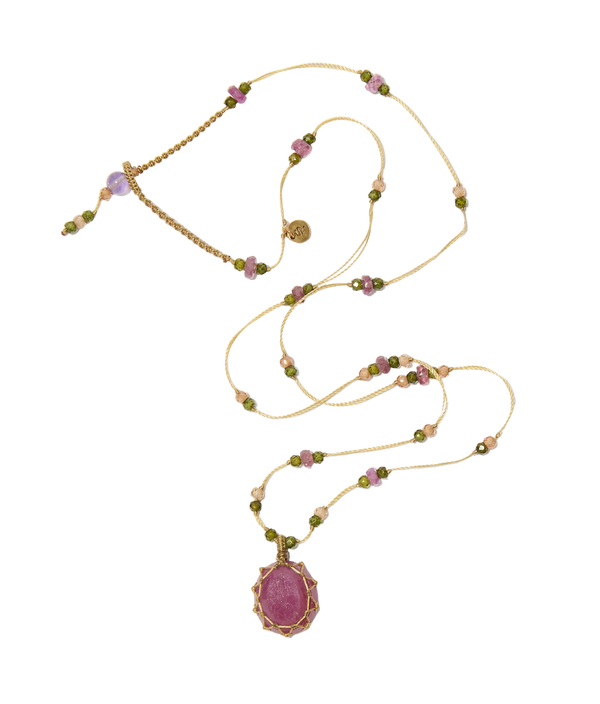 Collier Court Tibétain - Corundum Rouge - Mix Tourmaline Rose - Fil Beige