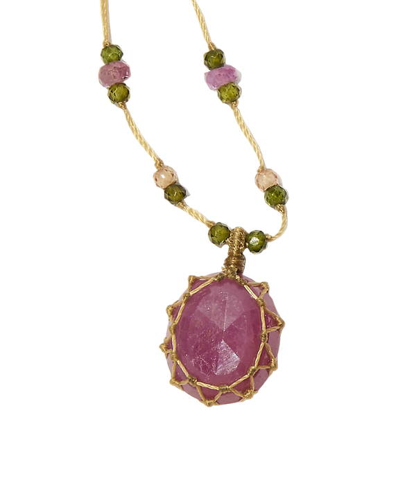 Collier Court Tibétain - Corundum Rouge - Mix Tourmaline Rose - Fil Beige