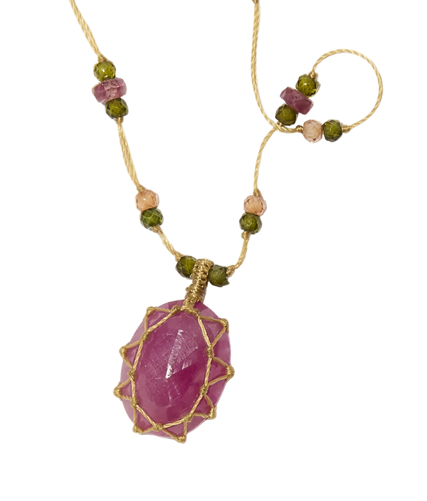 Collana Choker Woopy Tormaline & Tsavorite - Filo Beige