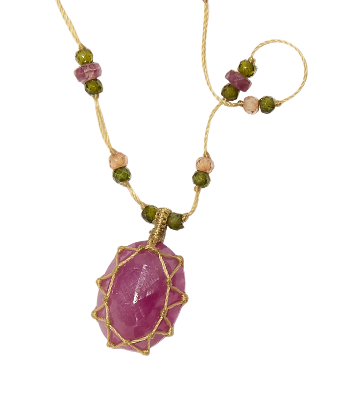 Collier Court Tibétain - Corundum Rose - Mix Tourmaline Rose - Fil Beige