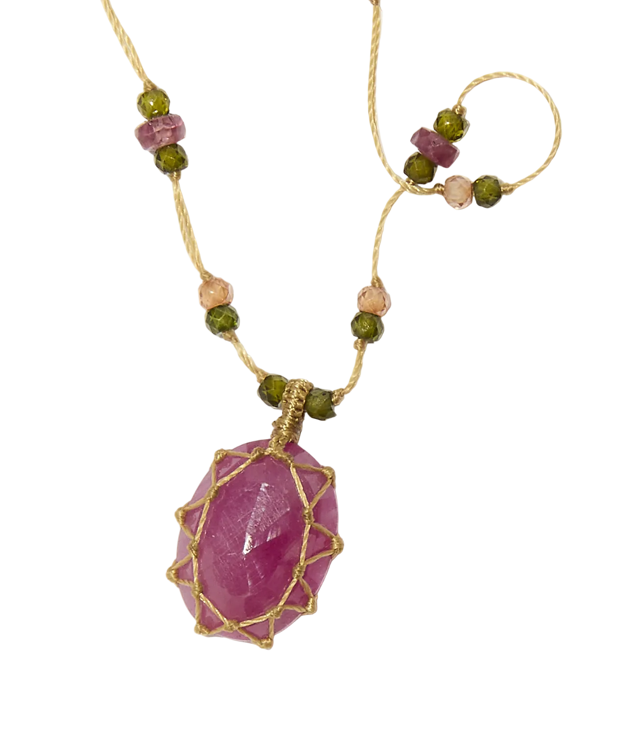 Collier Court Tibétain - Corundum Rose - Mix Tourmaline Rose - Fil Beige