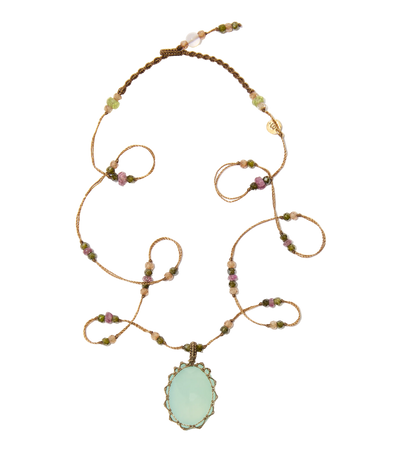 Short Tibetan Necklace - Orange Onyx - Rose Tourmaline Mix - Beige Thread