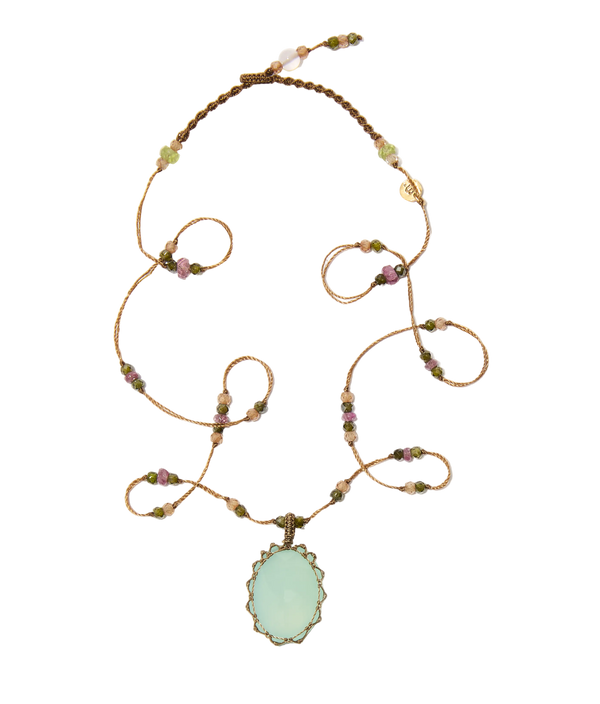 Collier Court Tibétain - Calcédoine Bleue - Mix Tourmaline Rose - Fil Tabac