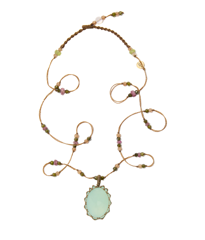 Collier Court Tibétain - Calcédoine Bleue - Mix Tourmaline Rose - Fil Tabac