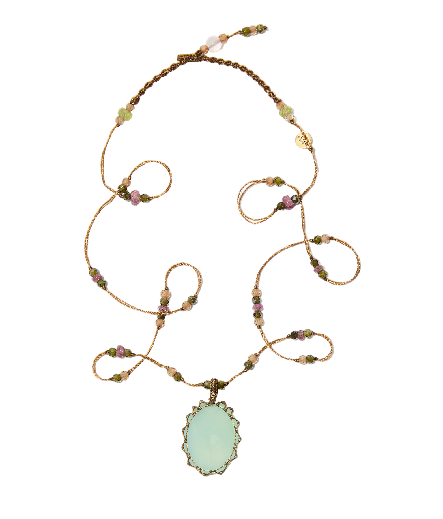 Collier Court Tibétain - Calcédoine Bleue - Mix Tourmaline Rose - Fil Tabac