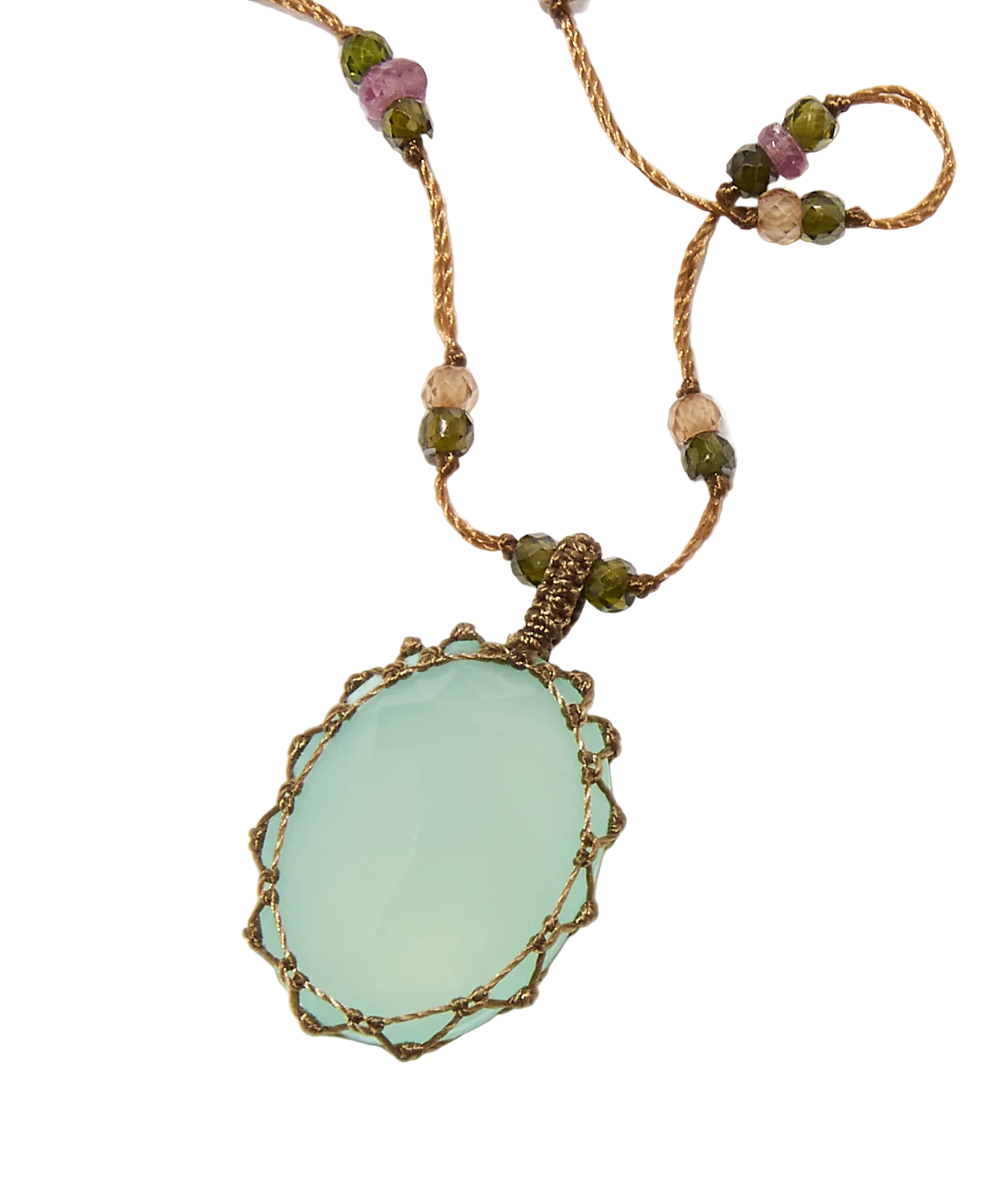 Collier Court Tibétain - Calcédoine Bleue - Mix Tourmaline Rose - Fil Tabac