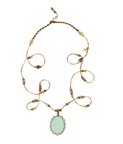 Collier court tibétain - Calcédoine bleue - Mix Tourmaline Rose - Fil Tabac
