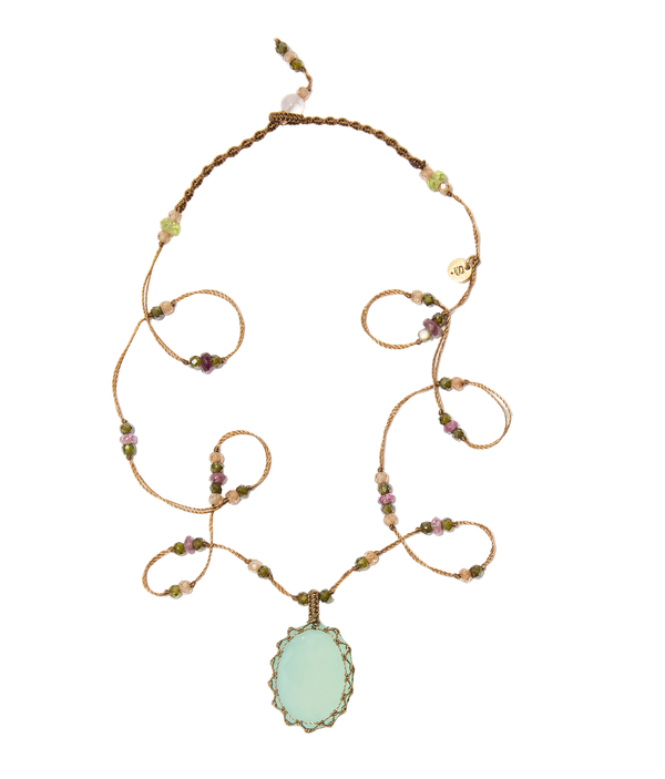 Collier court tibétain - Calcédoine bleue - Mix Tourmaline Rose - Fil Tabac