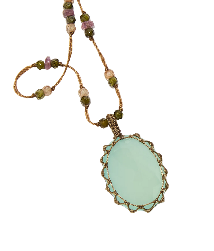 Kurze tibetische Halskette - Blauer Chalcedon - Amethyst-Mix - Tabakfarbener Faden
