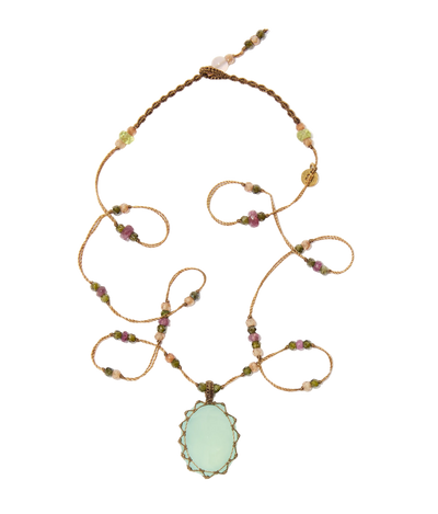 Collier Court Tibétain - Calcédoine Bleue - Mix Tourmaline Rose - Fil Tabac