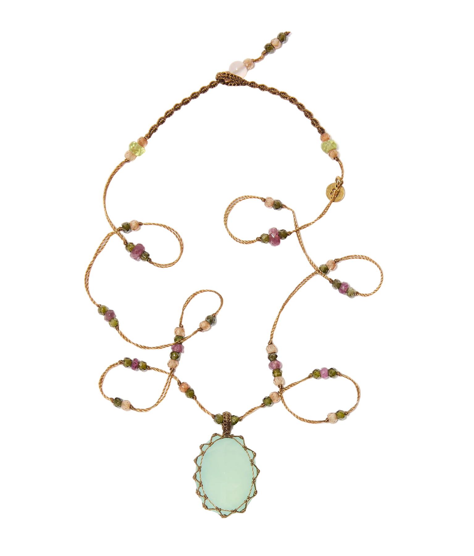 Collier Court Tibétain - Calcédoine Bleue - Mix Tourmaline Rose - Fil Tabac