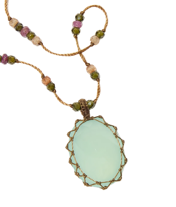 Collana Corta Tibetana - Ametista Viola Scuro - Mix Tormalina - Filo Tabacco