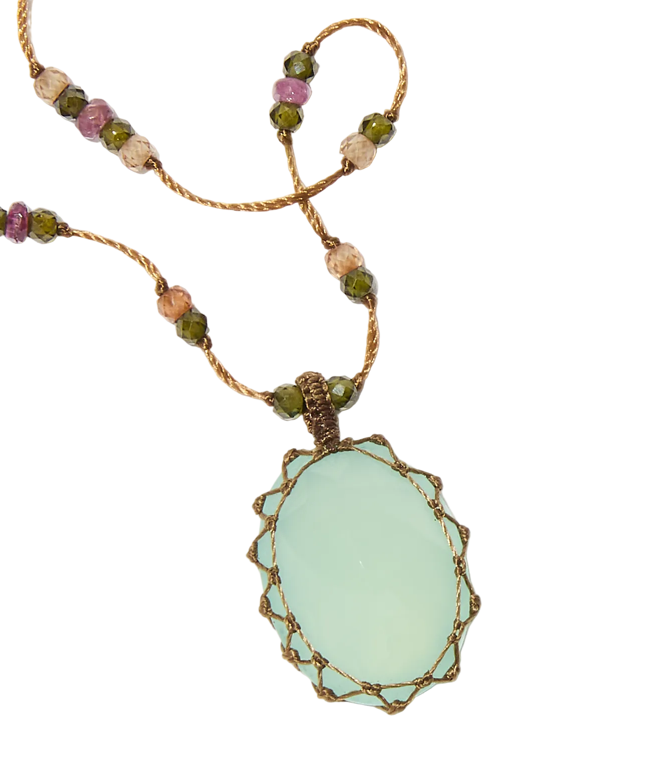 Collier Court Tibétain - Calcédoine Bleue - Mix Tourmaline Rose - Fil Tabac
