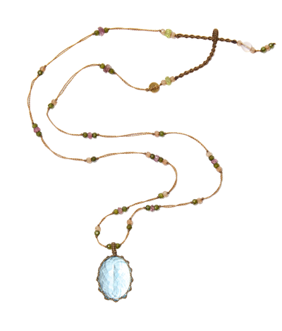 Collier Court Tibétain - Topaze Bleue - Mix Tourmaline - Fil Tabac