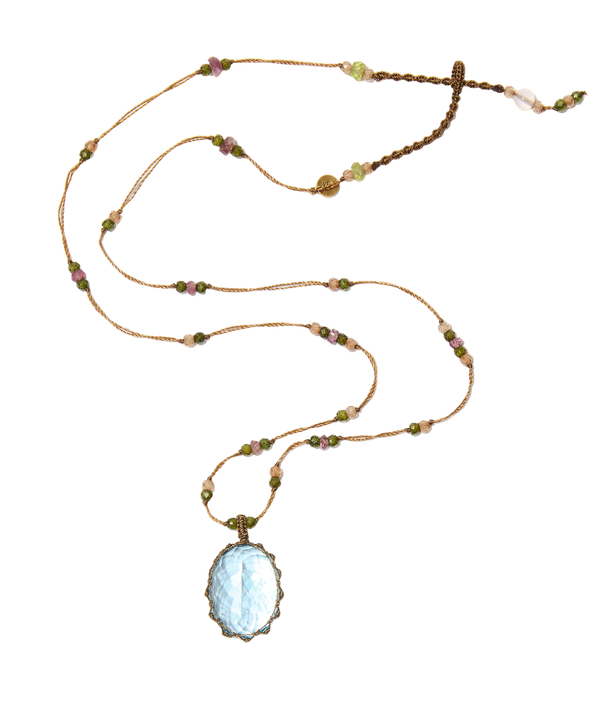 Collier Court Tibétain - Topaze Bleue - Mix Tourmaline - Fil Tabac