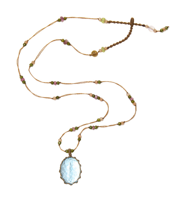 Long Tibetan Necklace - Blue Topaz - Multi-Stone Mix - Beige Thread