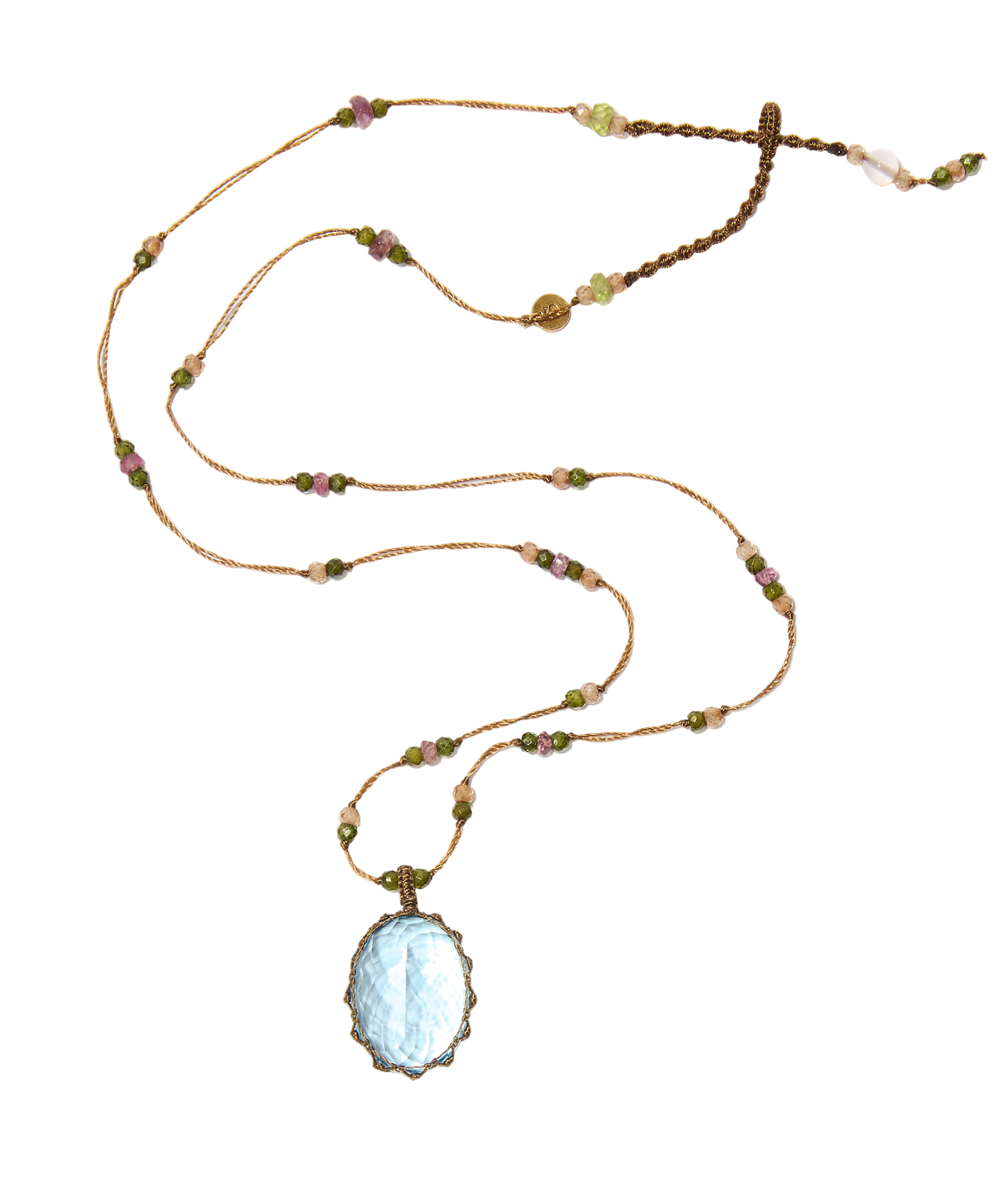 Long Tibetan Necklace - Blue Topaz - Multi-Stone Mix - Beige Thread