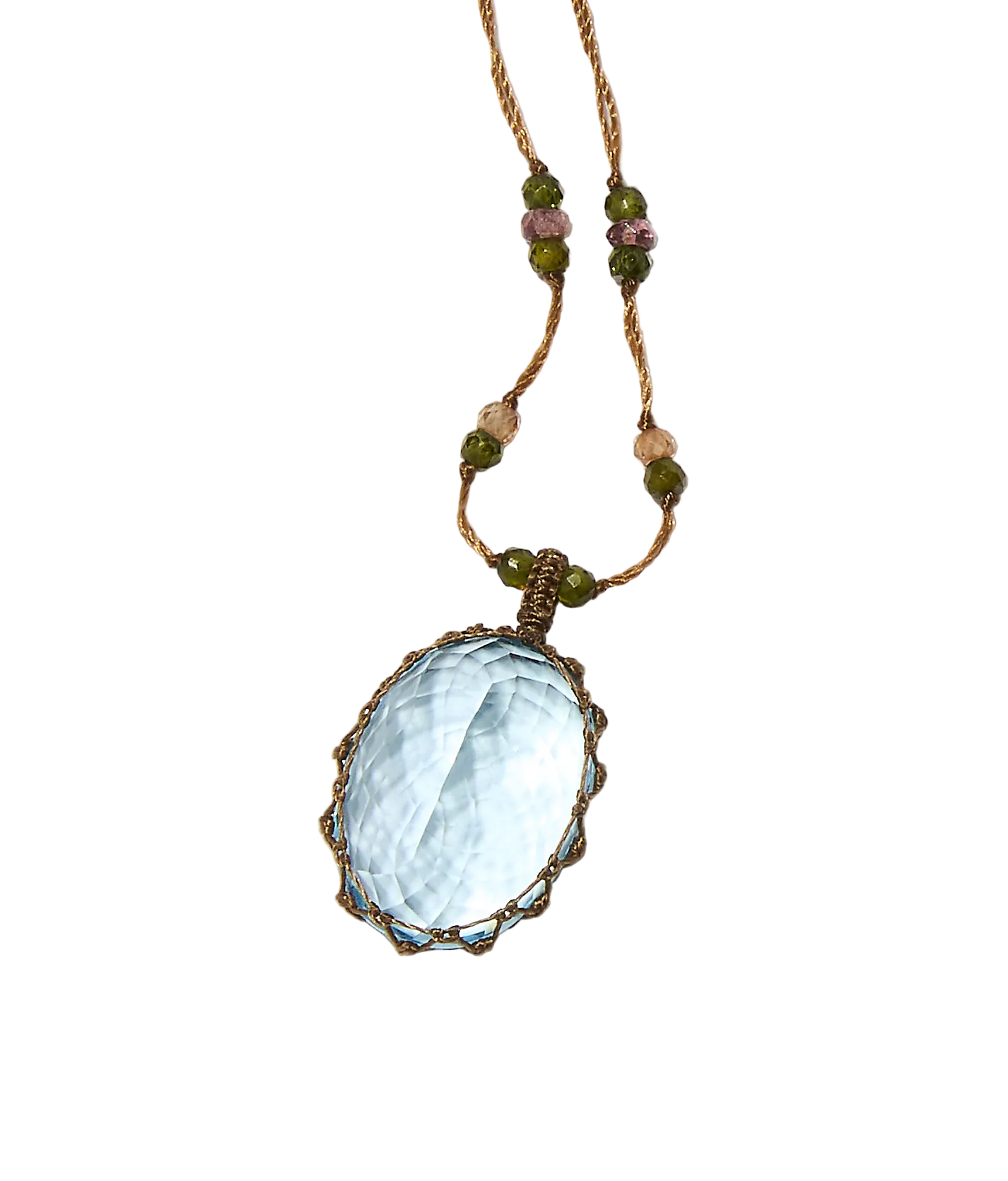 Long Tibetan Necklace - Blue Topaz - Multi-Stone Mix - Beige Thread