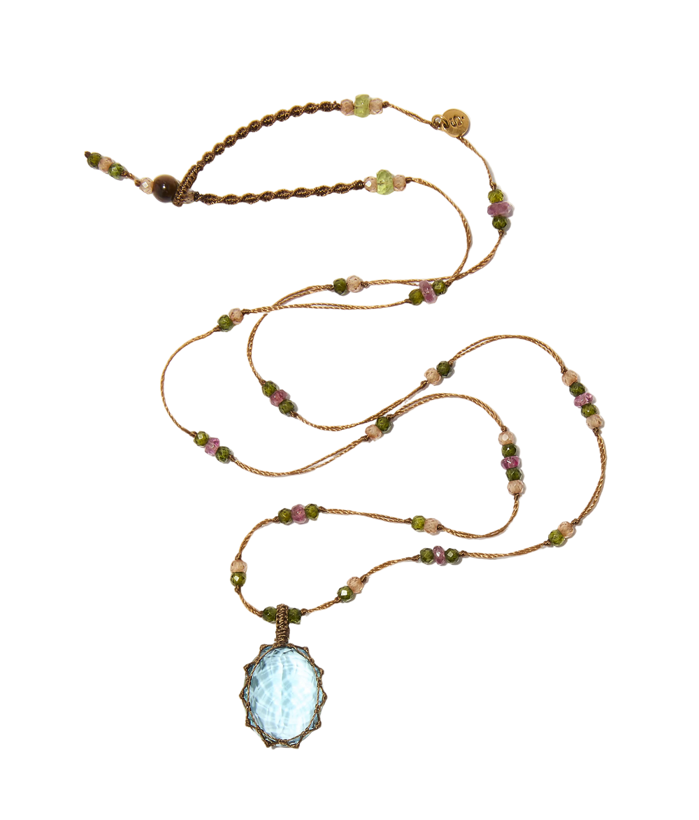 Collier Court Tibétain - Topaze Bleue - Mix Tourmaline - Fil Tabac