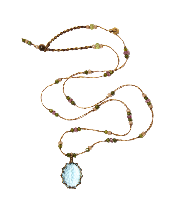 Collier Court Tibétain - Topaze Bleue - Mix Tourmaline - Fil Tabac