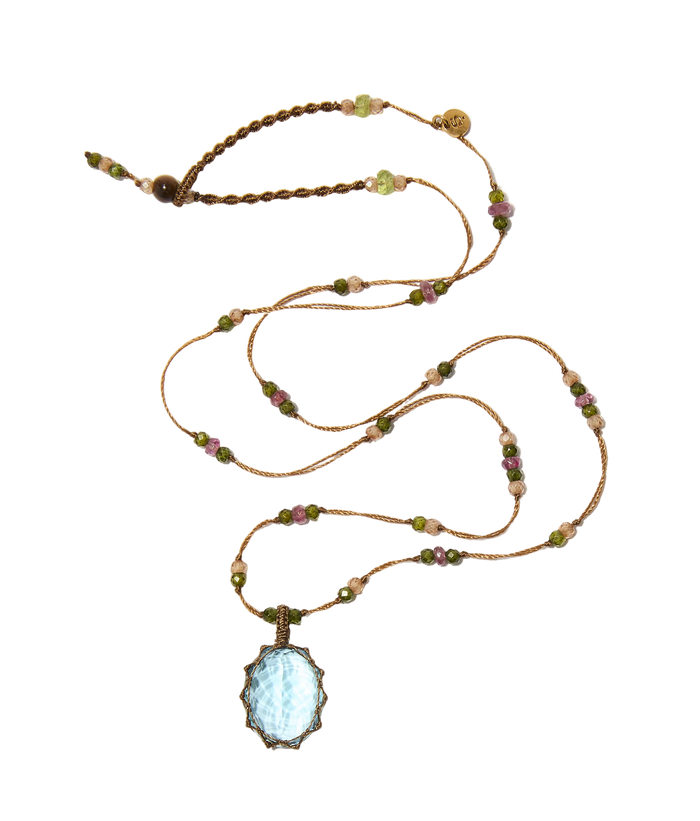 Collier Court Tibétain - Topaze Bleue - Mix Tourmaline - Fil Tabac