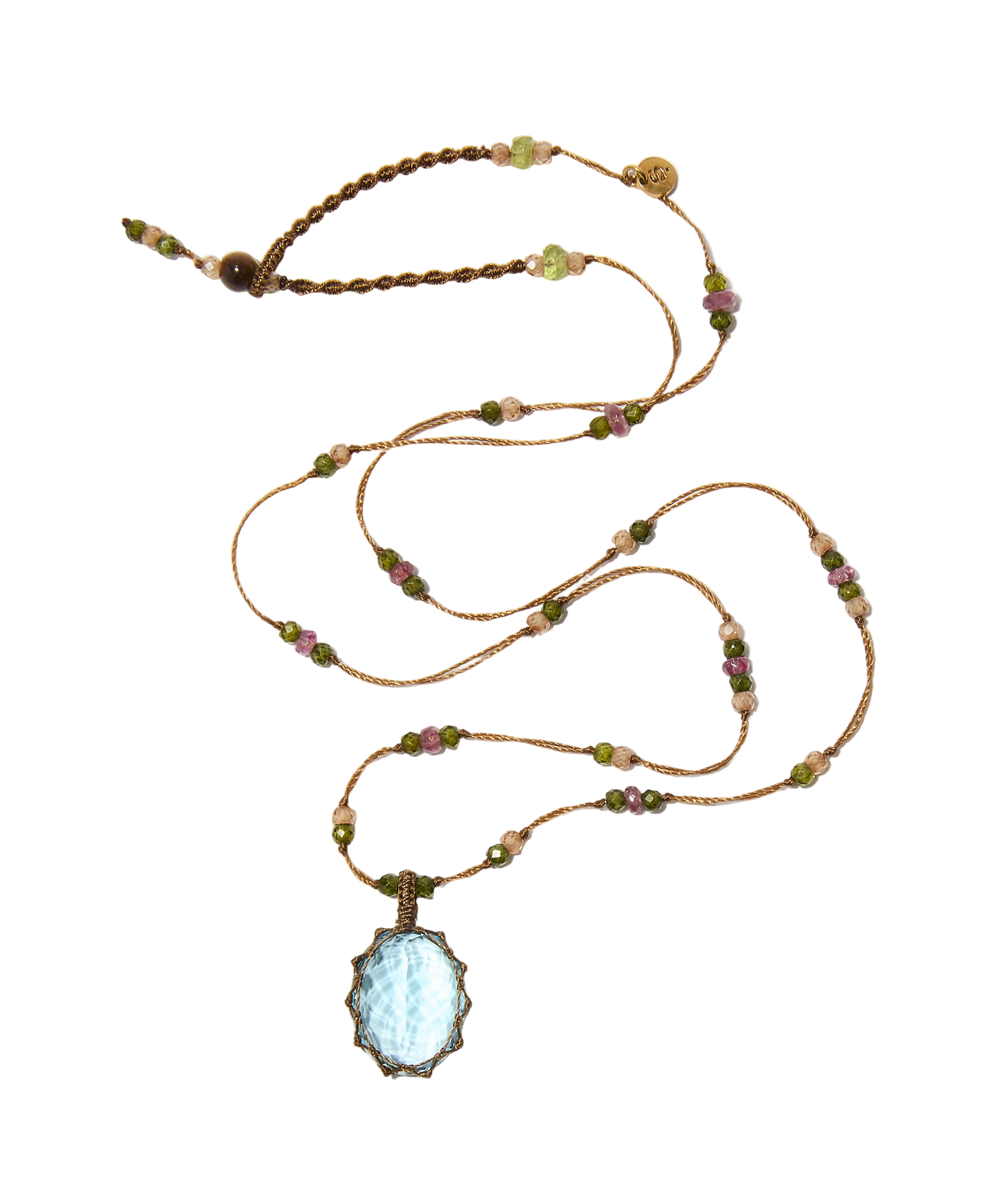 Collier Court Tibétain - Topaze Bleue - Mix Tourmaline - Fil Tabac