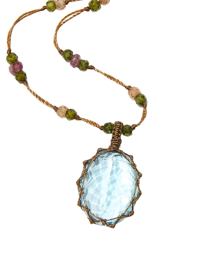 Collier Court Tibétain - Topaze Bleue - Mix Tourmaline - Fil Tabac