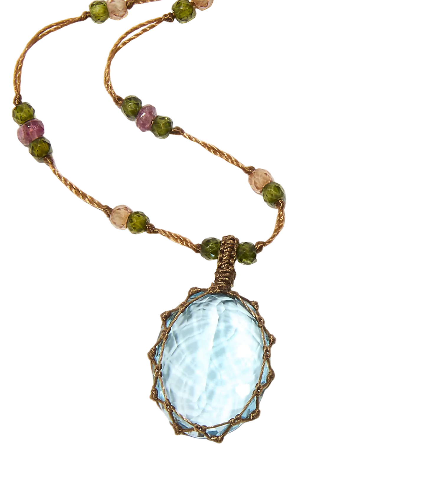 Collier Court Tibétain - Topaze Bleue - Mix Tourmaline - Fil Tabac