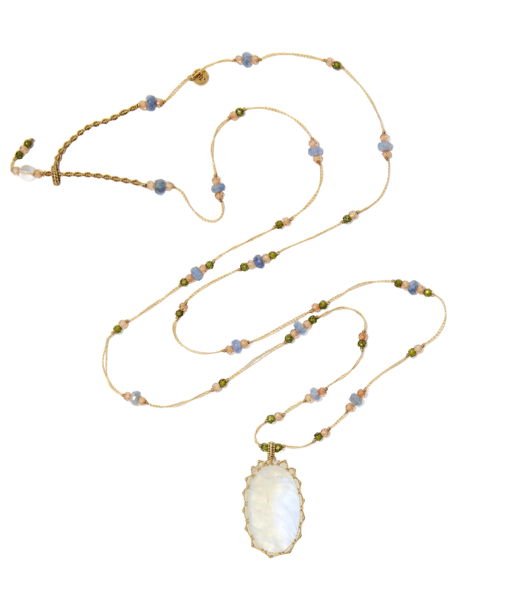 Sautoir Tibétain - Moonstone Rainbow - Mix Saphir - Fil Beige