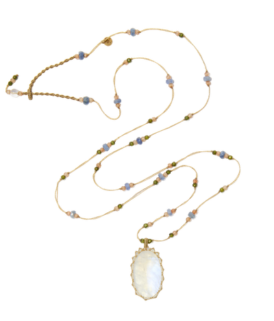 Sautoir Tibétain - Moonstone Rainbow - Mix Saphir - Fil Beige