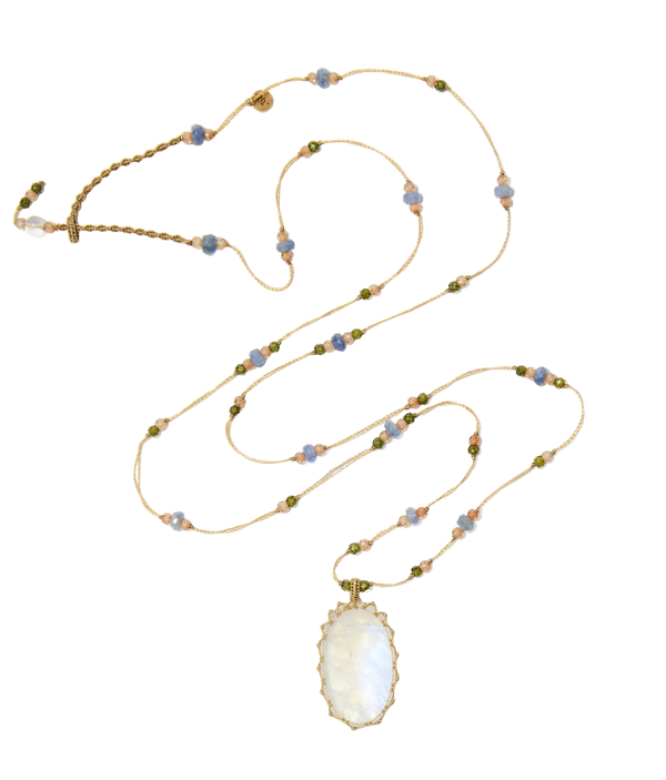 Sautoir Tibétain - Moonstone Rainbow - Mix Saphir - Fil Beige