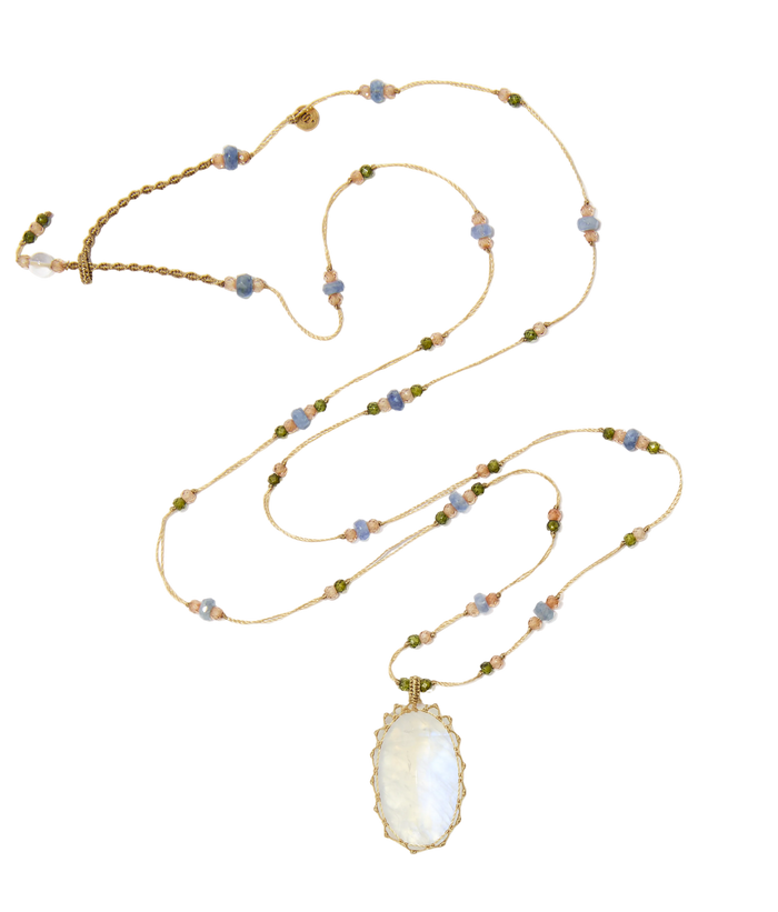 Sautoir Tibétain - Moonstone Rainbow - Mix Saphir - Fil Beige
