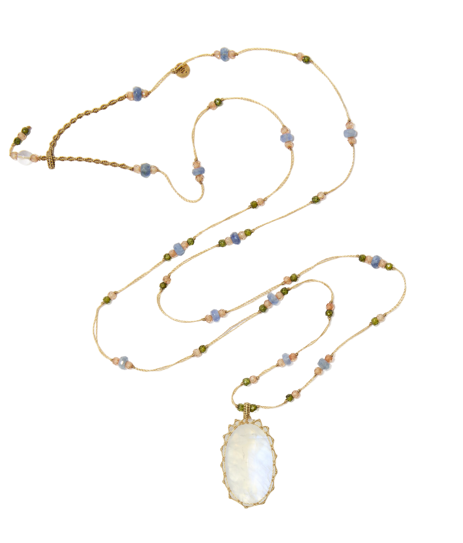 Sautoir Tibétain - Moonstone Rainbow - Mix Saphir - Fil Beige