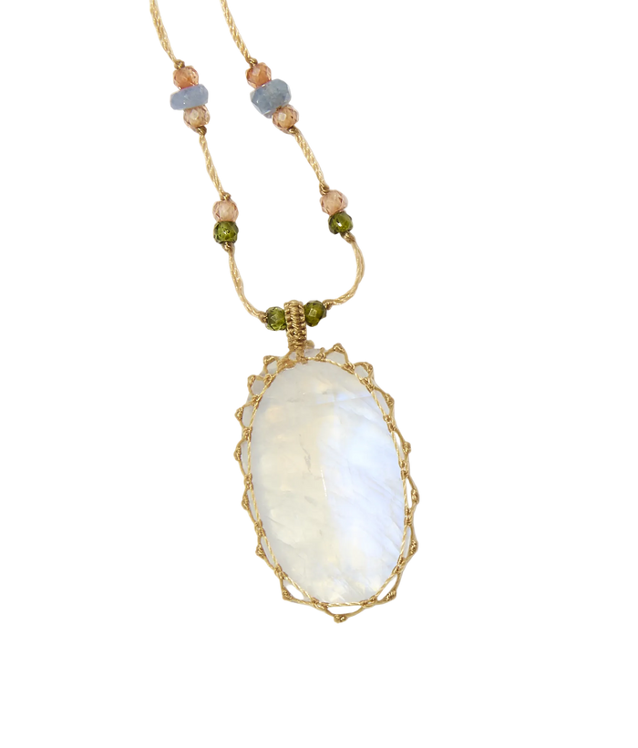 Sautoir Tibétain - Moonstone Rainbow - Mix Saphir - Fil Beige