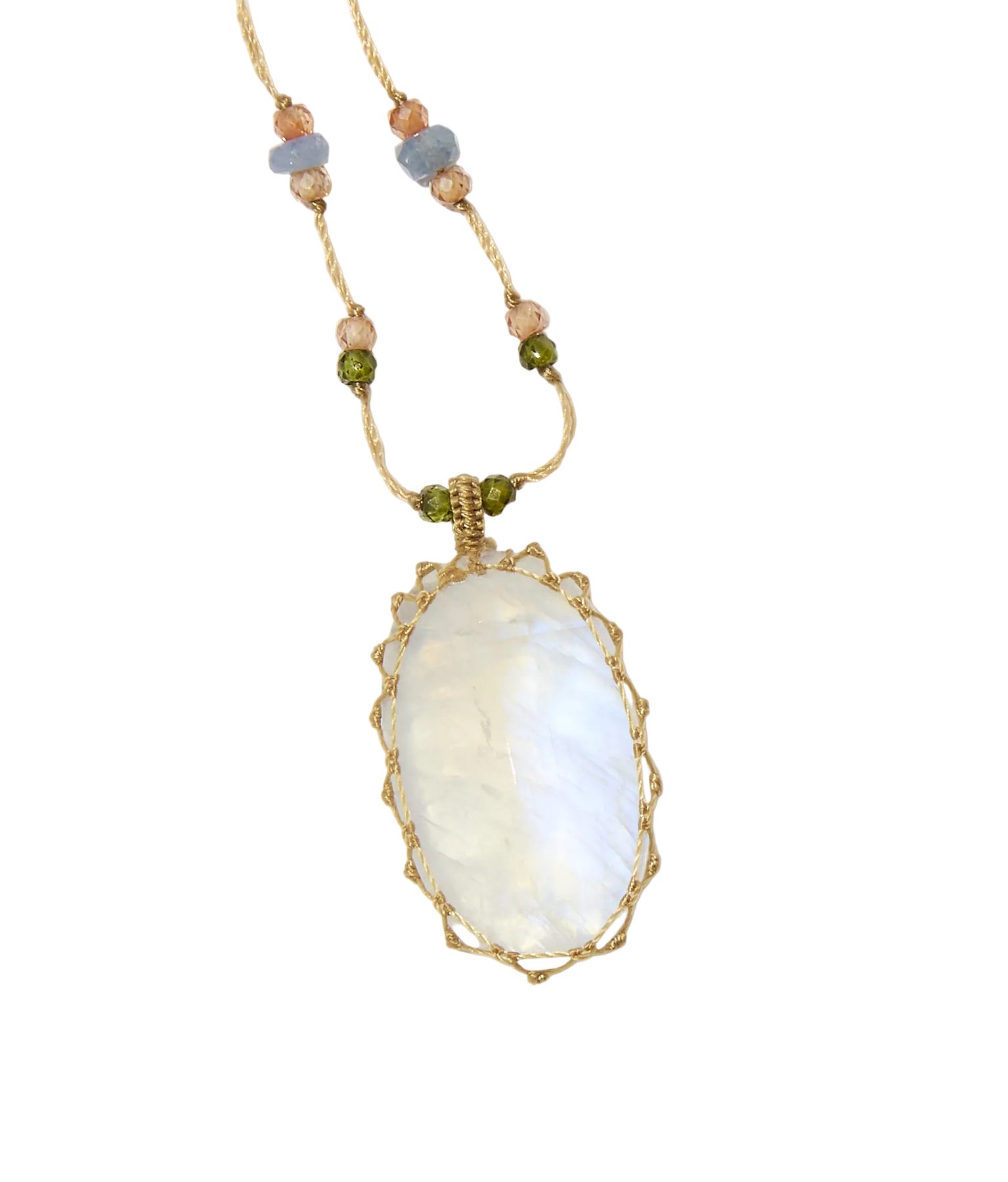 Sautoir Tibétain - Moonstone Rainbow - Mix Saphir - Fil Beige